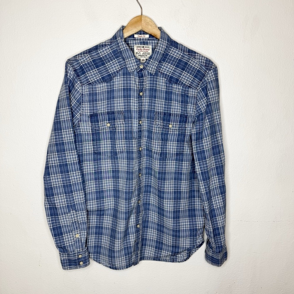 Lucky Brand Blue Plaid Western Snap Up Long Sleeve Shirt True Indigo Mens Medium